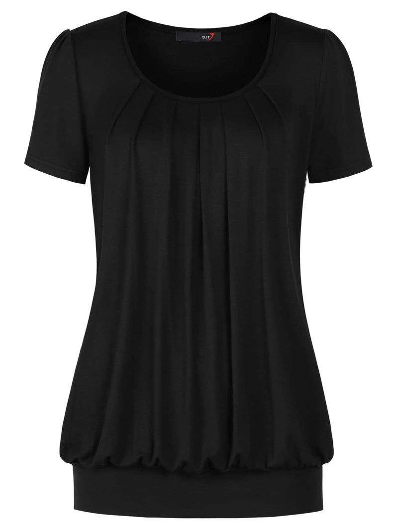 DJT Women's Short Sleeve Summer Tops Scoop Neck Pleated Front Casual Tee T Shirt L Solid Black - Image 1